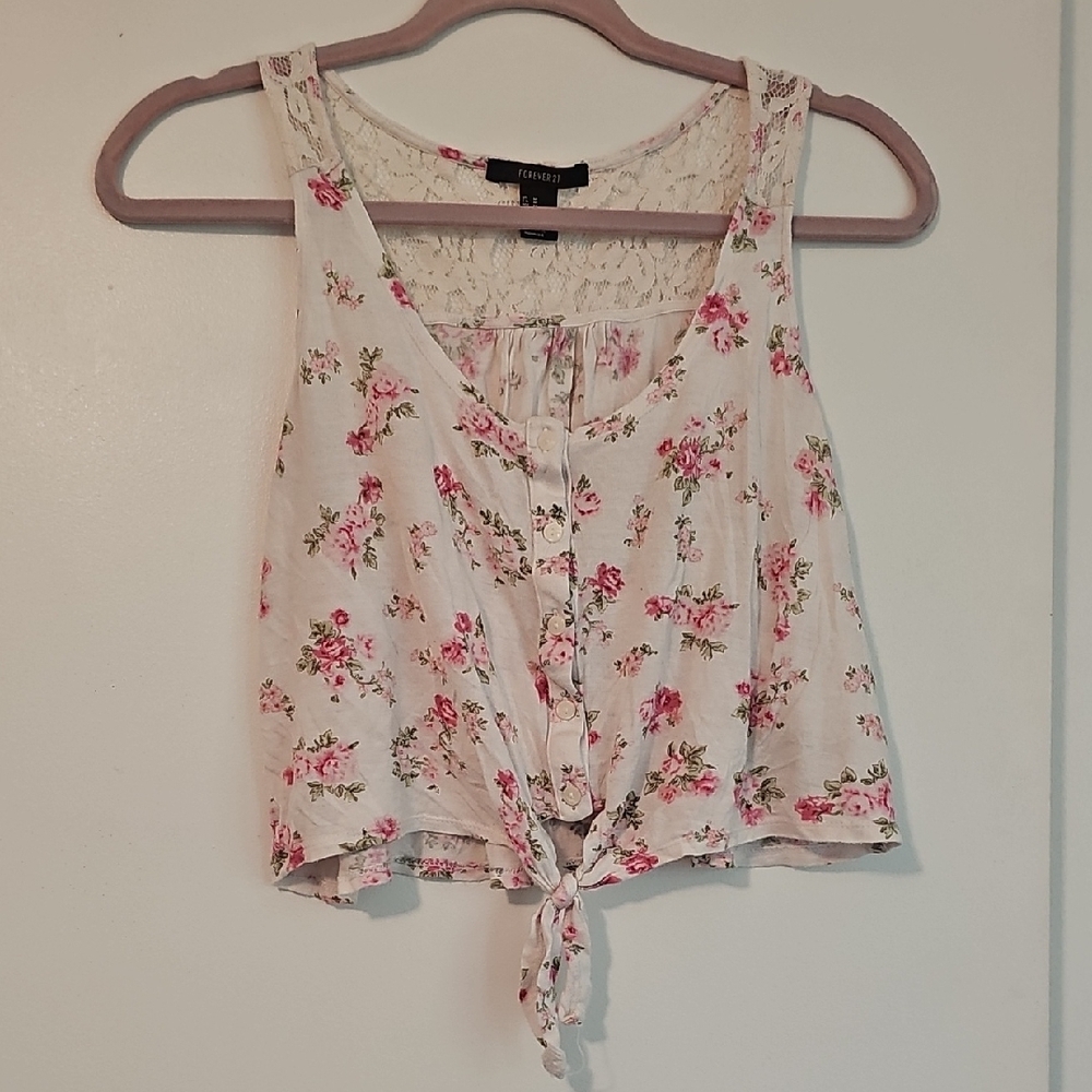 Forever 21 Pink and White Crop Tie-Front Tank Top